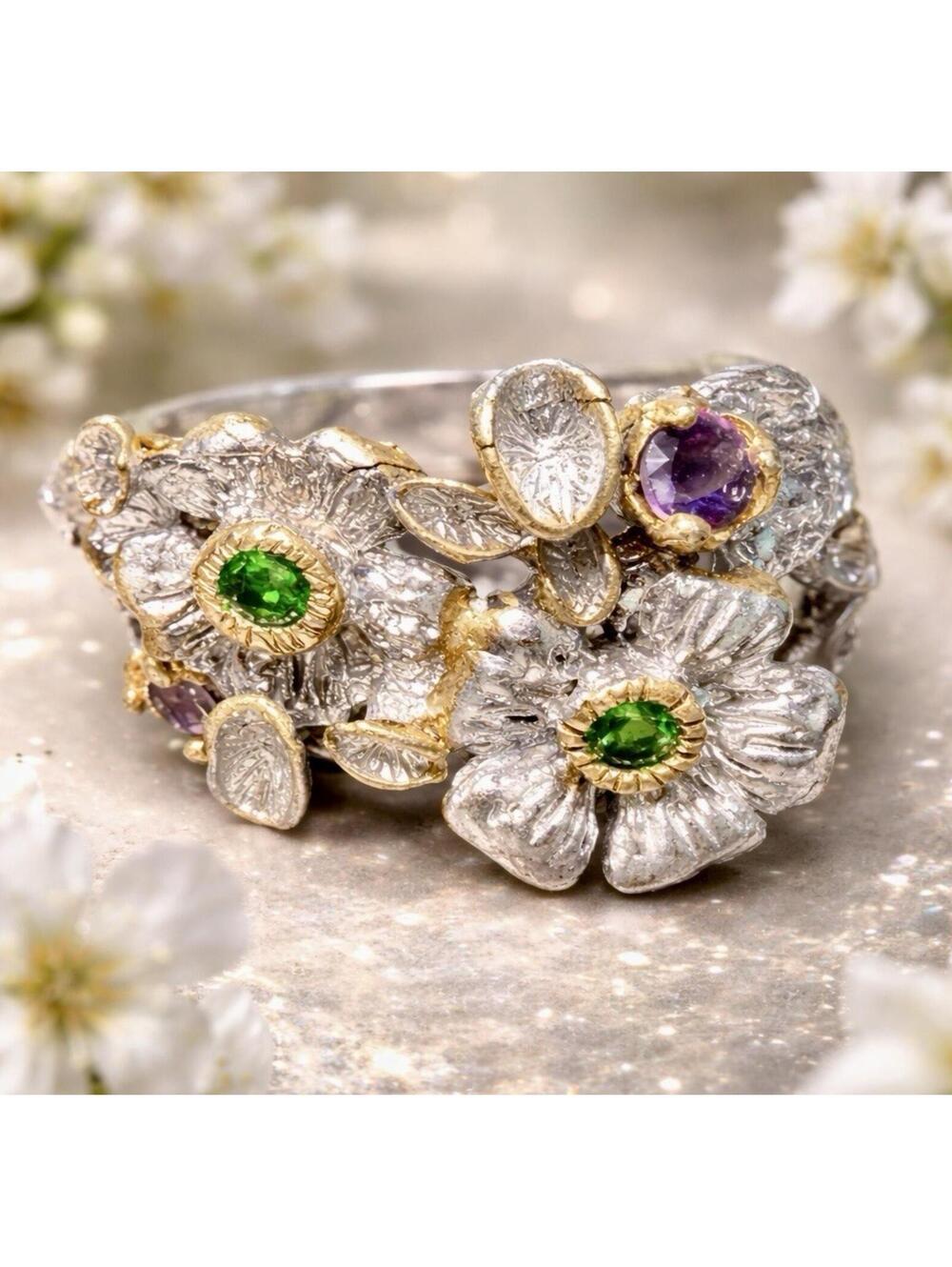 Danny Buonomo Artisan 1980s Silver 925 Gold Accent Peridot Amethyst Ring Sz 7.75